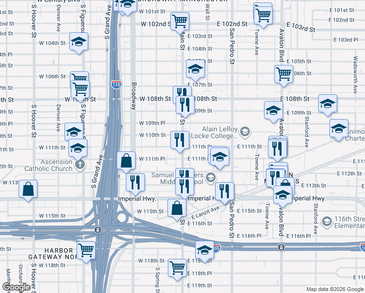 map of restaurants, bars, coffee shops, grocery stores, and more near 2 West 111th Street in Los Angeles