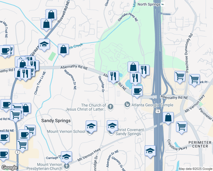 map of restaurants, bars, coffee shops, grocery stores, and more near 6603 Sterling Drive in Sandy Springs