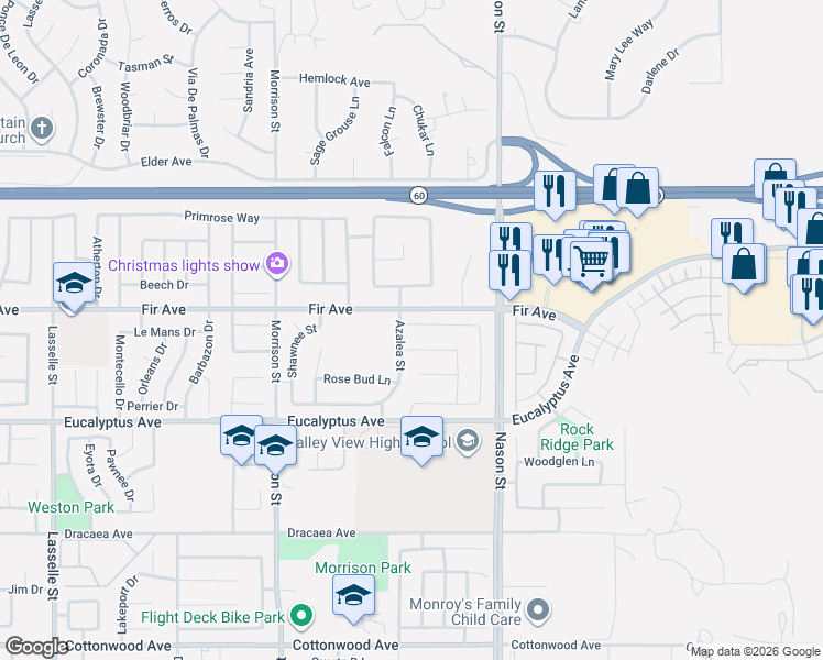 map of restaurants, bars, coffee shops, grocery stores, and more near 26814 Sugarcane Drive in Moreno Valley
