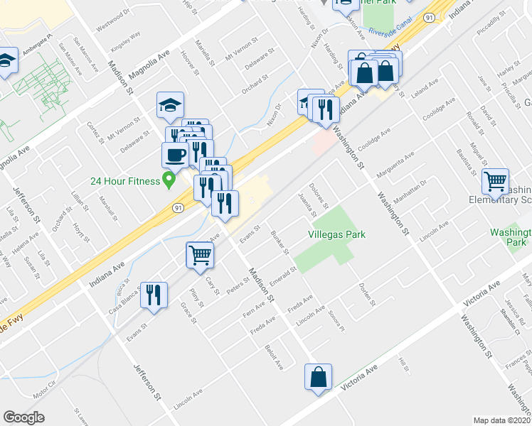 map of restaurants, bars, coffee shops, grocery stores, and more near 7386 Evans Street in Riverside