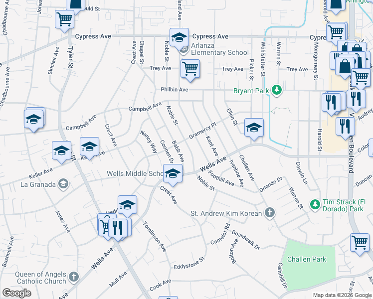 map of restaurants, bars, coffee shops, grocery stores, and more near 5264 Noble Street in Riverside