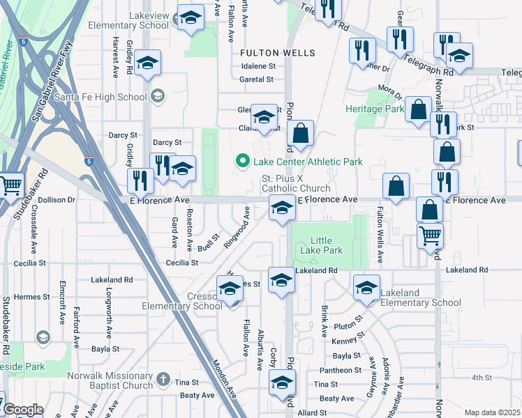 map of restaurants, bars, coffee shops, grocery stores, and more near 11730 Florence Avenue in Santa Fe Springs