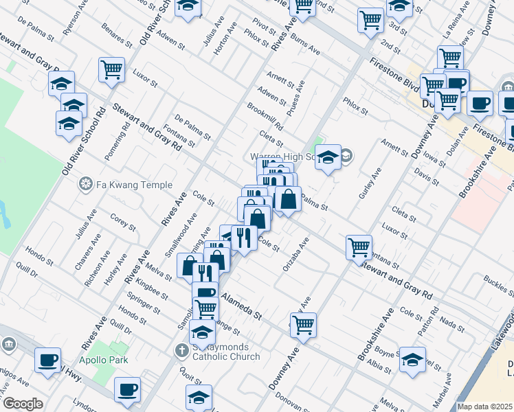 map of restaurants, bars, coffee shops, grocery stores, and more near in Downey