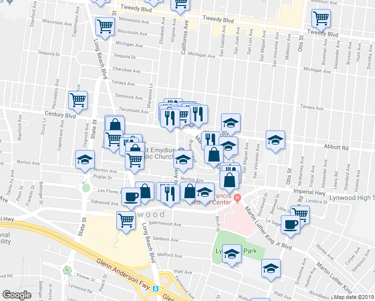 map of restaurants, bars, coffee shops, grocery stores, and more near 3556 Brenton Avenue in Lynwood