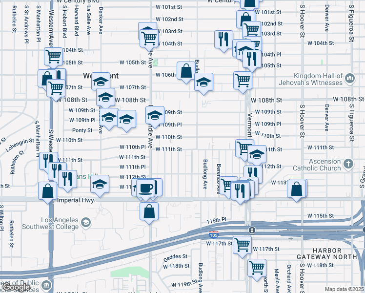 map of restaurants, bars, coffee shops, grocery stores, and more near 11102 Raymond Avenue in Los Angeles