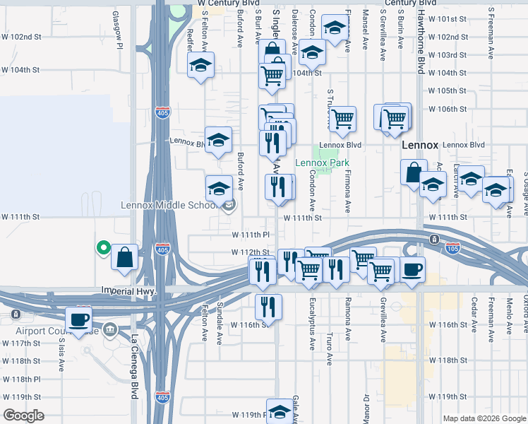 map of restaurants, bars, coffee shops, grocery stores, and more near 4816 West 111th Street in Lennox