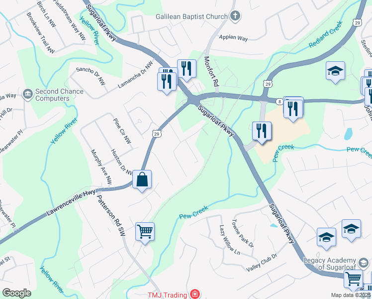 map of restaurants, bars, coffee shops, grocery stores, and more near 98 Caboose Court Northwest in Lawrenceville