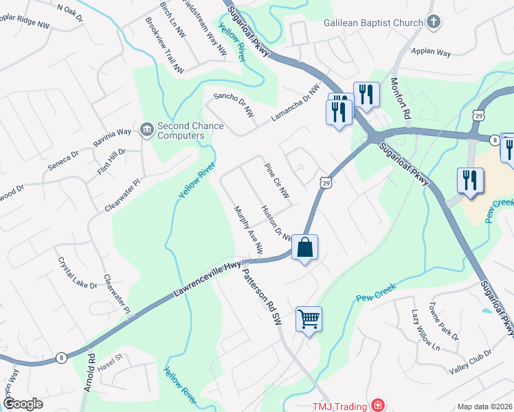 map of restaurants, bars, coffee shops, grocery stores, and more near 201 Murphy Avenue Northwest in Lawrenceville
