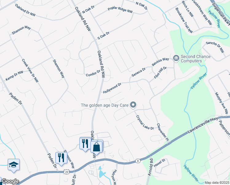 map of restaurants, bars, coffee shops, grocery stores, and more near 2121 Crescentview Drive in Lawrenceville