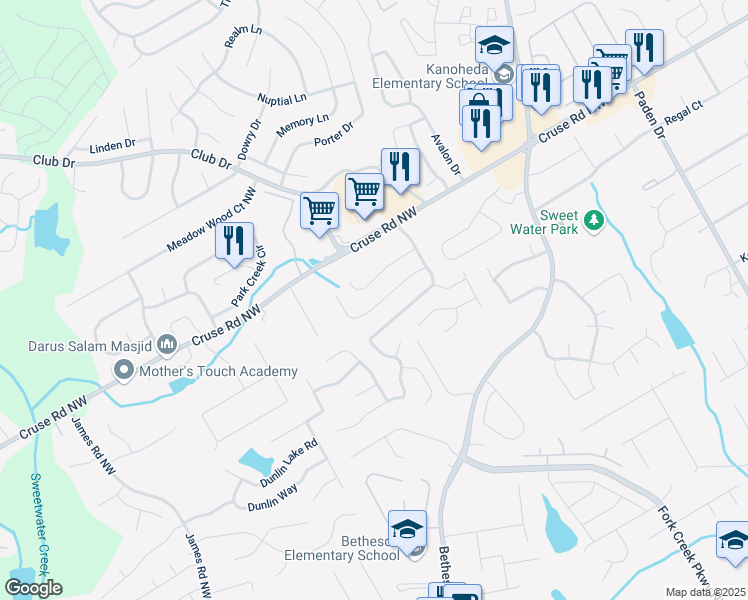 map of restaurants, bars, coffee shops, grocery stores, and more near 2915 Camelot Woods Drive Northwest in Lawrenceville