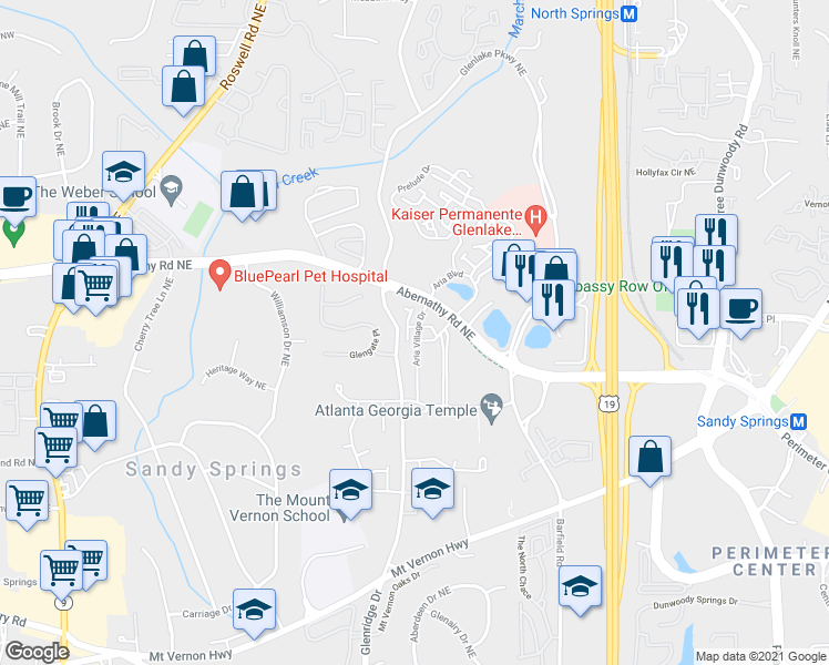map of restaurants, bars, coffee shops, grocery stores, and more near 6602 Sterling Drive in Sandy Springs