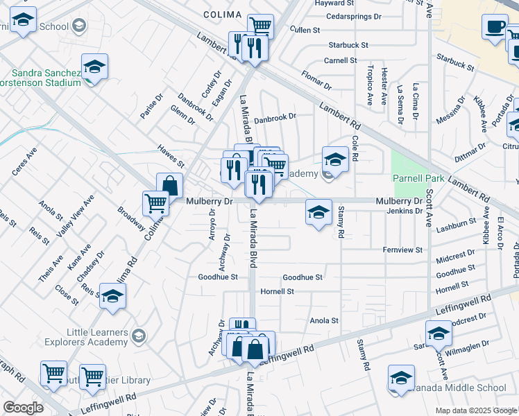 map of restaurants, bars, coffee shops, grocery stores, and more near 15022 Mulberry Drive in Whittier