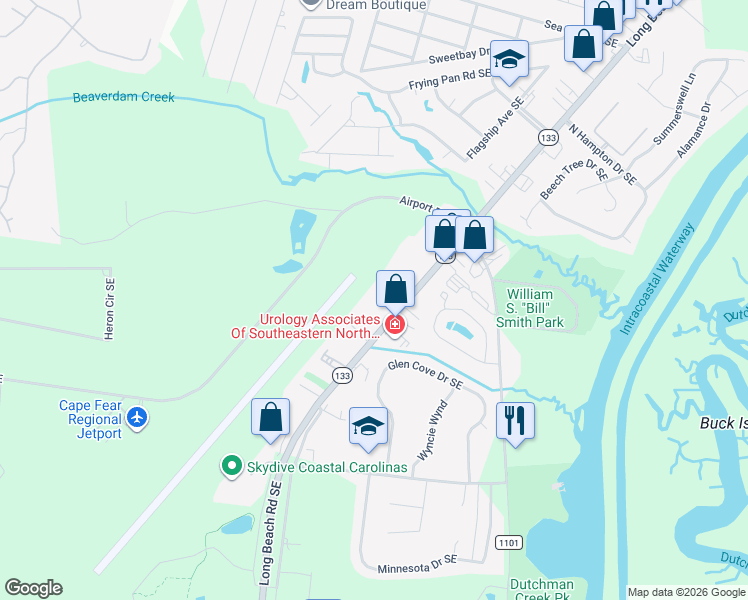map of restaurants, bars, coffee shops, grocery stores, and more near 4239 Long Beach Road Southeast in Southport