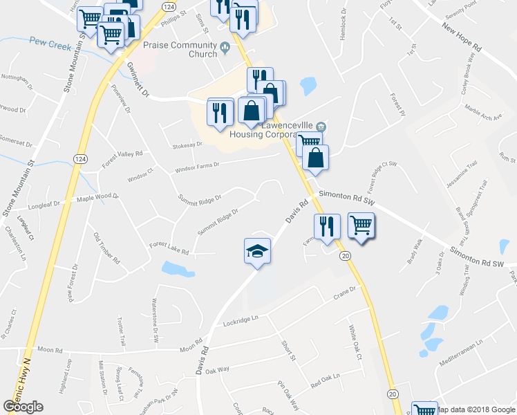 map of restaurants, bars, coffee shops, grocery stores, and more near 402 Summit Ridge Terrace in Lawrenceville