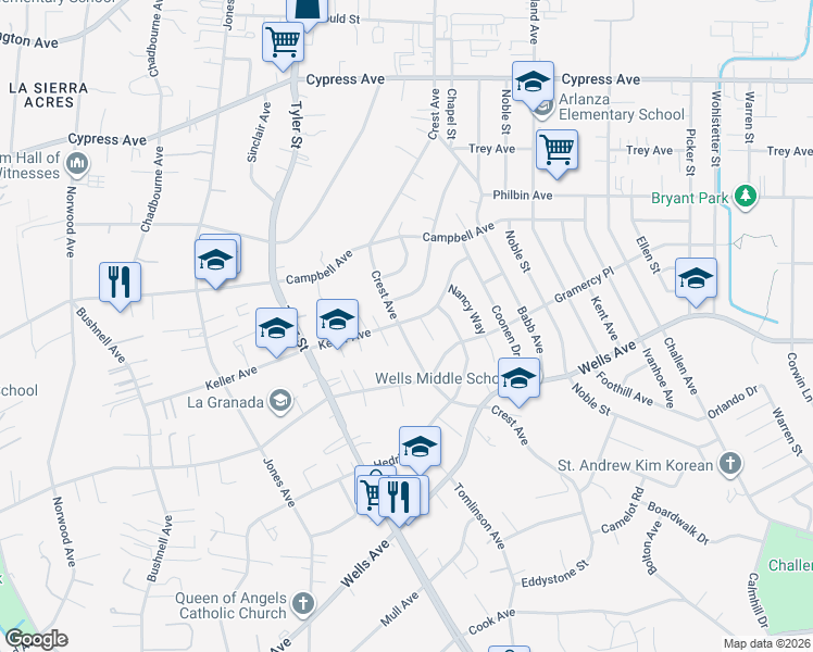 map of restaurants, bars, coffee shops, grocery stores, and more near 10088 Keller Avenue in Riverside