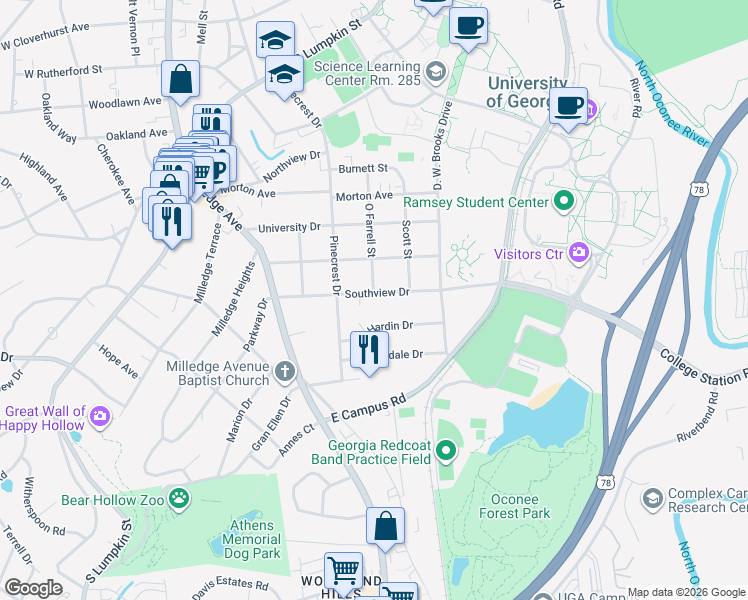 map of restaurants, bars, coffee shops, grocery stores, and more near 390 Southview Drive in Athens