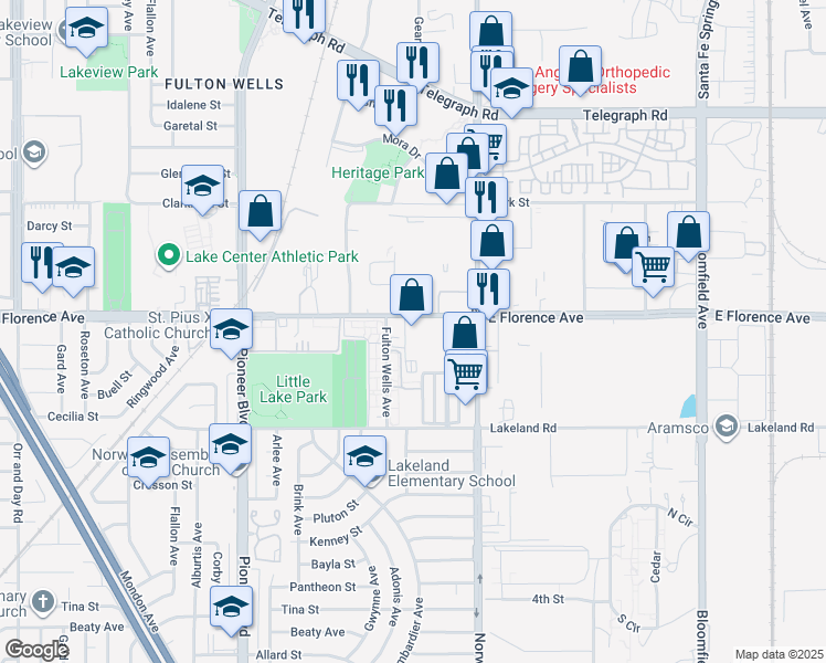 map of restaurants, bars, coffee shops, grocery stores, and more near 12060 Florence Avenue in Santa Fe Springs