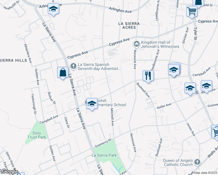 map of restaurants, bars, coffee shops, grocery stores, and more near Mitchell Avenue in Riverside