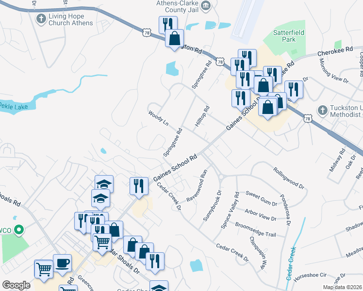 map of restaurants, bars, coffee shops, grocery stores, and more near 460 Gaines School Road in Athens