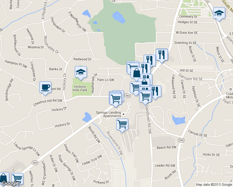 map of restaurants, bars, coffee shops, grocery stores, and more near 228 Chestnut Hill Road Southwest in Marietta