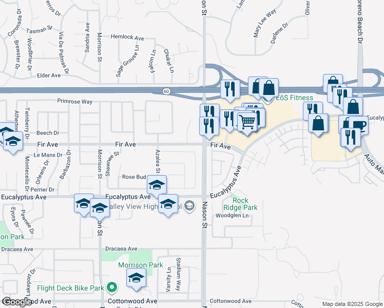 map of restaurants, bars, coffee shops, grocery stores, and more near 12805 Wainwright Lane in Moreno Valley