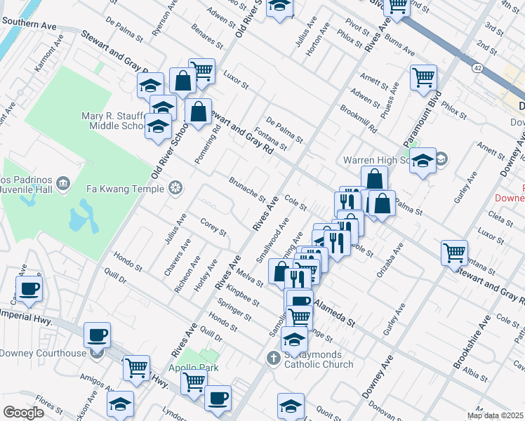 map of restaurants, bars, coffee shops, grocery stores, and more near 12045 Rives Avenue in Downey
