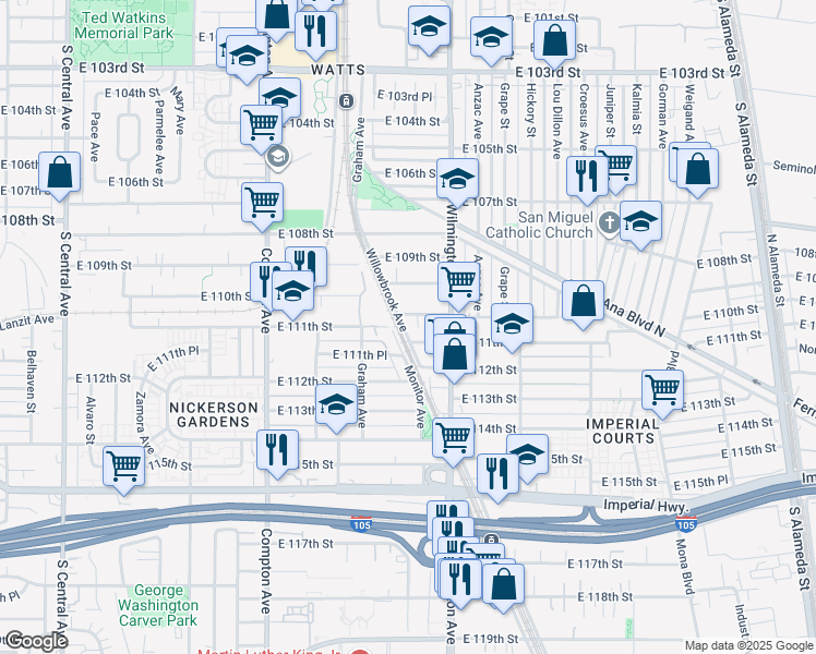 map of restaurants, bars, coffee shops, grocery stores, and more near 11012 Willowbrook Avenue in Los Angeles