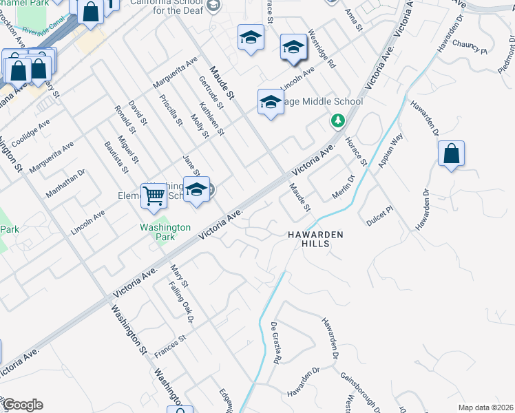 map of restaurants, bars, coffee shops, grocery stores, and more near 6618 Wintertree Drive in Riverside
