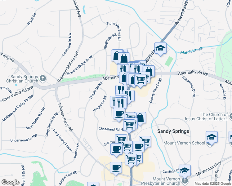 map of restaurants, bars, coffee shops, grocery stores, and more near 6558 Roswell Road in Atlanta