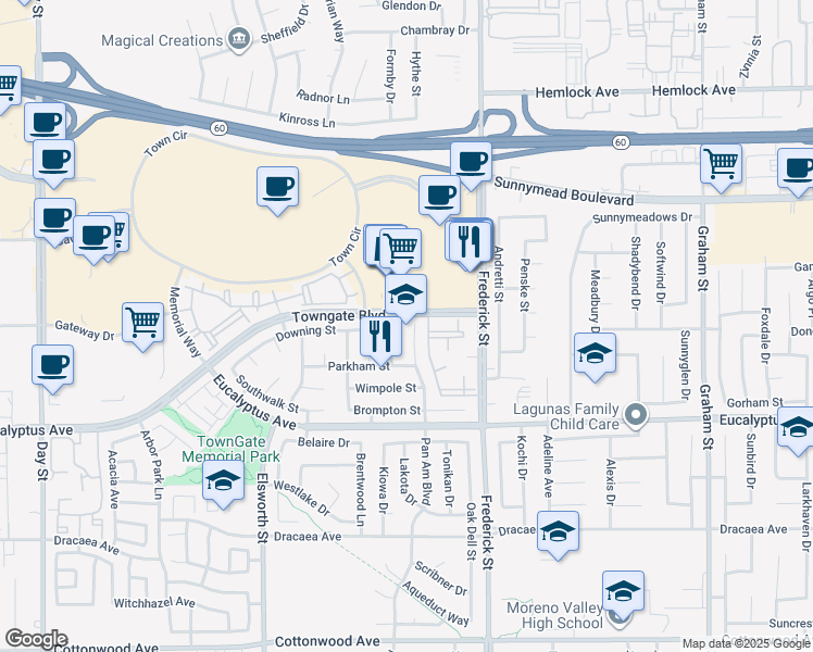 map of restaurants, bars, coffee shops, grocery stores, and more near 12769 Pan Am Boulevard in Moreno Valley