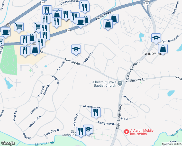 map of restaurants, bars, coffee shops, grocery stores, and more near 1771 Timothy Road in Athens