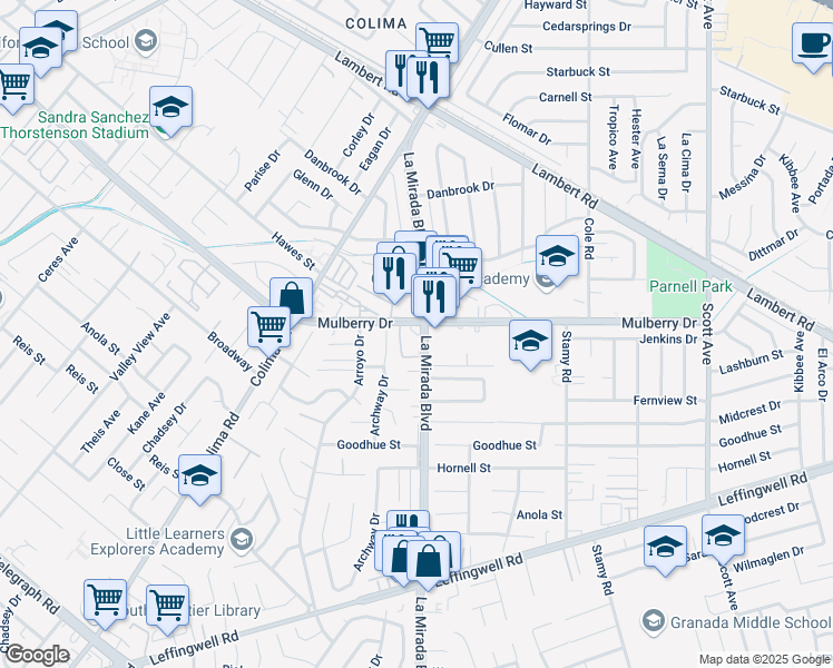 map of restaurants, bars, coffee shops, grocery stores, and more near 14968 Mulberry Drive in Whittier