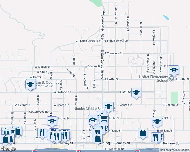 map of restaurants, bars, coffee shops, grocery stores, and more near 1042 North 1st Street in Banning