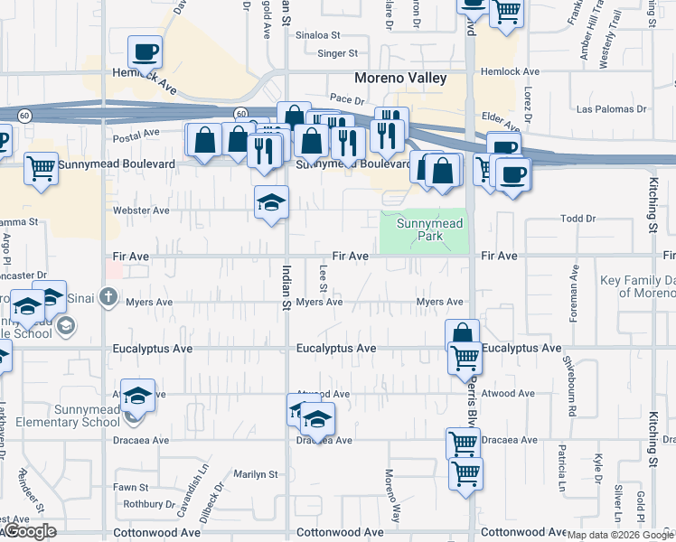 map of restaurants, bars, coffee shops, grocery stores, and more near 24635 Fir Avenue in Moreno Valley
