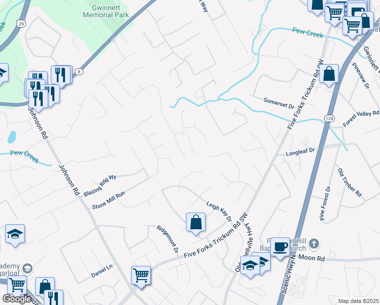 map of restaurants, bars, coffee shops, grocery stores, and more near 275 Thornbush Lane in Lawrenceville