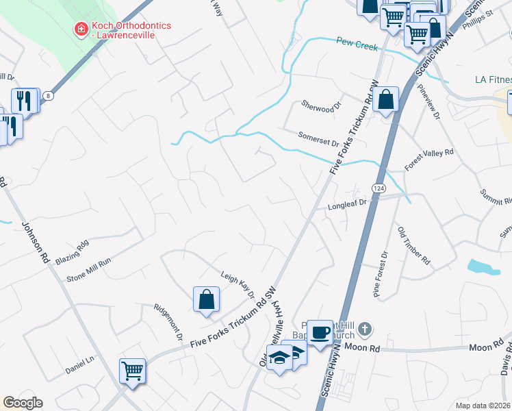 map of restaurants, bars, coffee shops, grocery stores, and more near 391 Bedford Bay Lane in Lawrenceville