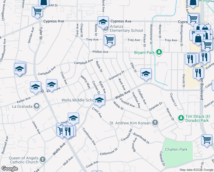 map of restaurants, bars, coffee shops, grocery stores, and more near 5264 Noble Street in Riverside
