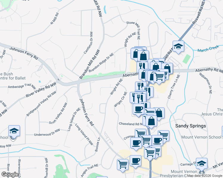 map of restaurants, bars, coffee shops, grocery stores, and more near 6575 Wright Road Northeast in Atlanta