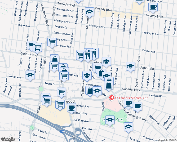 map of restaurants, bars, coffee shops, grocery stores, and more near 3552 Brenton Avenue in Lynwood