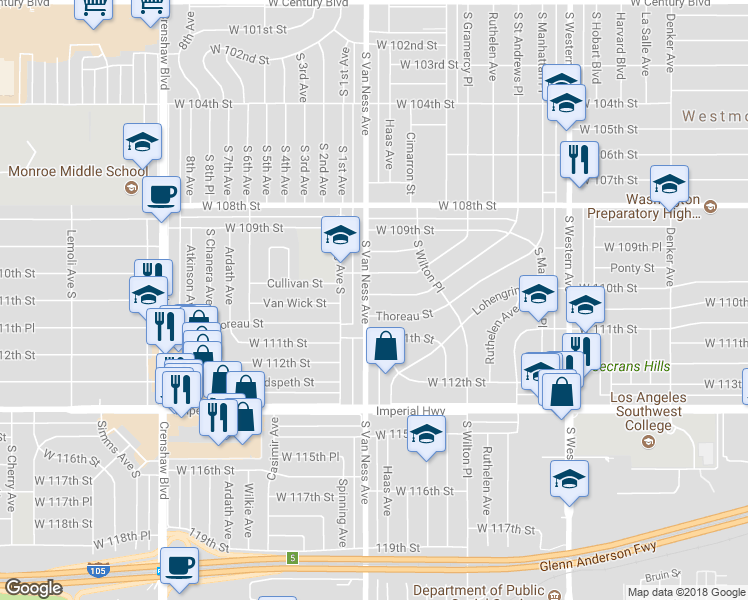 map of restaurants, bars, coffee shops, grocery stores, and more near 11004 South Van Ness Avenue in Los Angeles