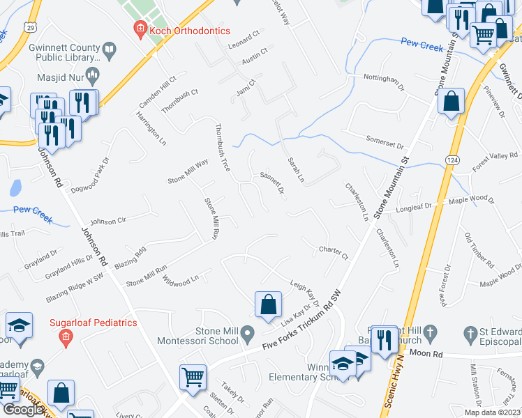 map of restaurants, bars, coffee shops, grocery stores, and more near 581 Thornbush Trce in Lawrenceville