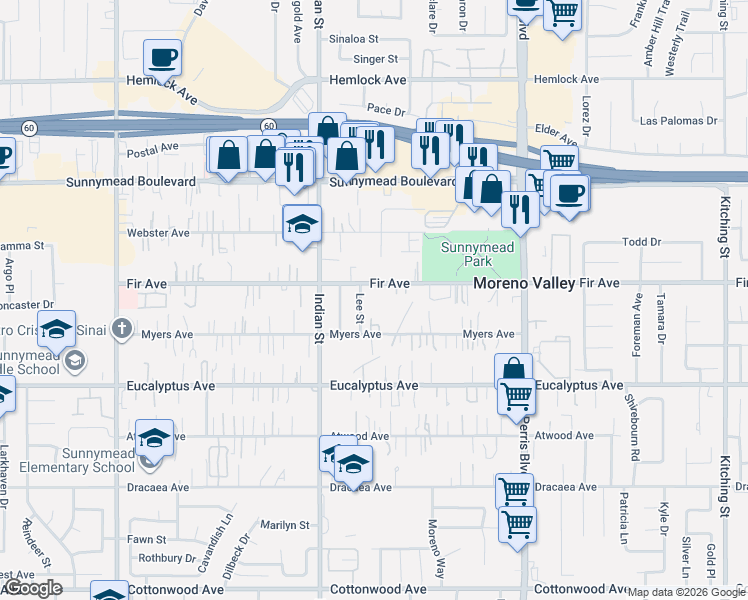 map of restaurants, bars, coffee shops, grocery stores, and more near 24635 Fir Avenue in Moreno Valley