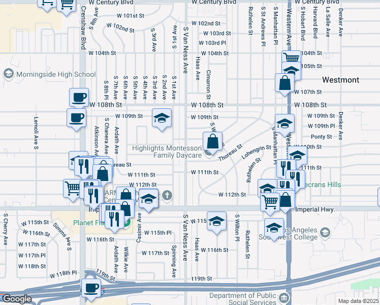 map of restaurants, bars, coffee shops, grocery stores, and more near 11004 South Van Ness Avenue in Los Angeles