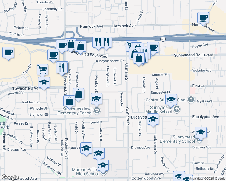 map of restaurants, bars, coffee shops, grocery stores, and more near 12773 Softwind Drive in Moreno Valley