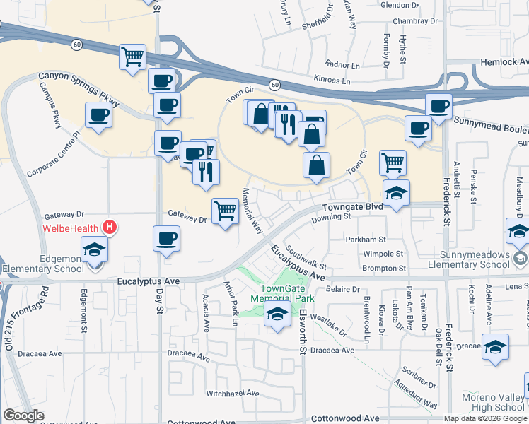 map of restaurants, bars, coffee shops, grocery stores, and more near 12632 Memorial Way in Moreno Valley