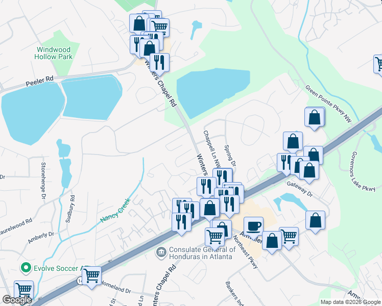 map of restaurants, bars, coffee shops, grocery stores, and more near 2818 Winter Rose Court in Atlanta