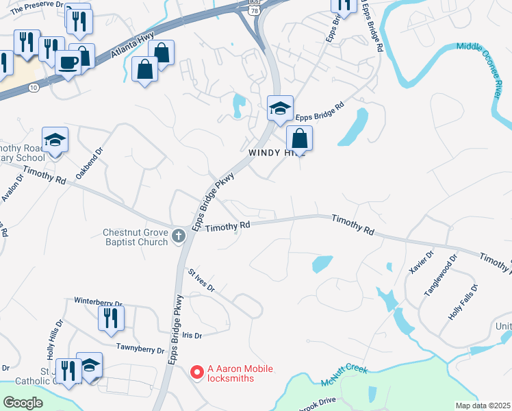 map of restaurants, bars, coffee shops, grocery stores, and more near 136 Timothy Park Lane in Athens