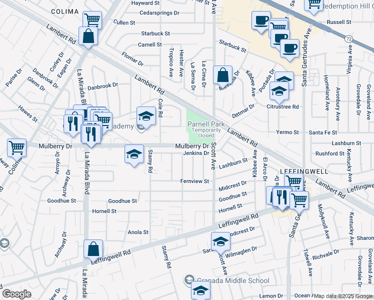 map of restaurants, bars, coffee shops, grocery stores, and more near 15309 Jenkins Drive in Whittier