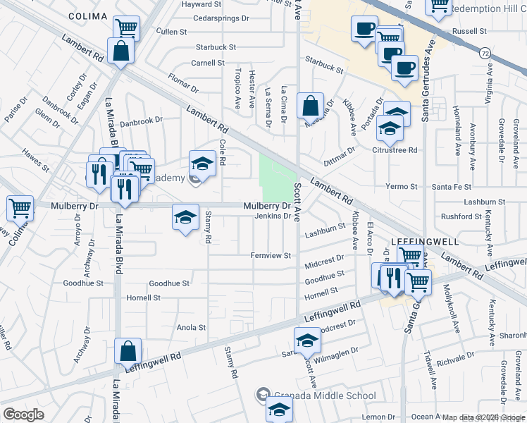 map of restaurants, bars, coffee shops, grocery stores, and more near 15315 Jenkins Drive in Whittier