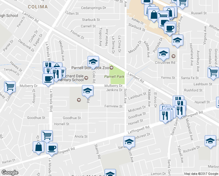 map of restaurants, bars, coffee shops, grocery stores, and more near 15309 Jenkins Drive in Whittier
